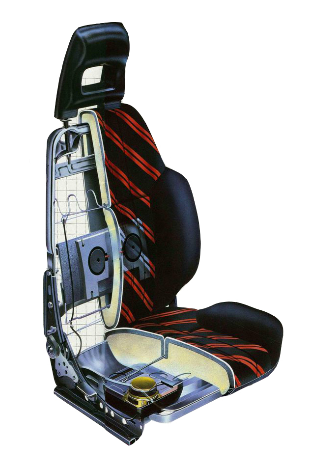 1984年「トヨタ・スターレット」にオプション設定された「ボディーソニックシステム」。シート座面とバックレストにドライバーユニットが内蔵されている。