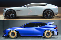 こちらも「ジャパンモビリティショー2025」で発表された4ドアクーペのコンセプトモデル「マツダ・ビジョンXクーペ」（上）と、「スバルPerformance-E STIコンセプト」（下）の比較。キャビン（≒ガラスエリア）とボディーの比率に注目。