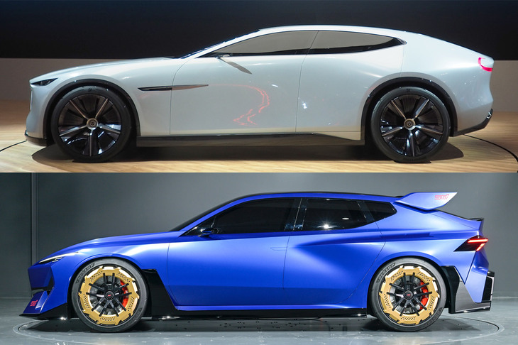 こちらも「ジャパンモビリティショー2025」で発表された4ドアクーペのコンセプトモデル「マツダ・ビジョンXクーペ」（上）と、「スバルPerformance-E STIコンセプト」（下）の比較。キャビン（≒ガラスエリア）とボディーの比率に注目。