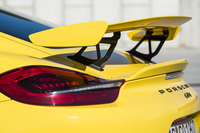 大型の固定式リアスポイラーはカーボン製。アルミのステーでハッチゲートに取り付けられている。角度調整が可能。
    