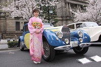 桜、名車とくれば、欠かせないのは美女？　ということで、桜模様の和服姿のお嬢さんと1937年「ブガッティT57ヴァントー」のツーショット。品川や練馬といった陸運所在地の表記がなかった時代の東京ナンバーを付けた、古くから日本にある有名な個体である。