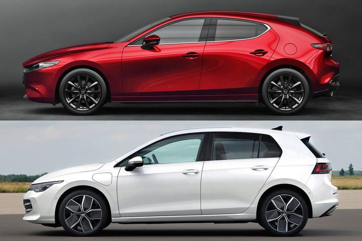 「マツダ3」（上）と「フォルクスワーゲン・ゴルフ」（下）。　
	ほった「これはまた、非常にわかりやすい対比ですな」　
	渕野「保守的なボディーのデザインについては、ドイツメーカーは『クルマってのはこういうもんだ！』という意識が強いんだと思います」