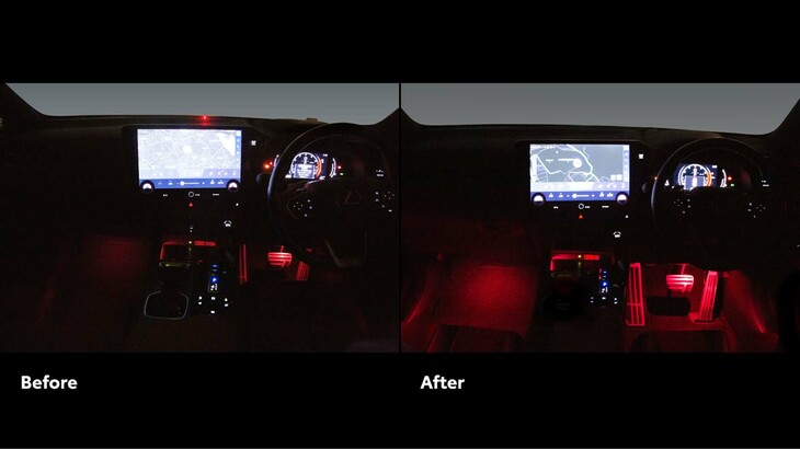「イルミネーションUPGRADE」の効果を示す比較画像。写真左が施工前で、右施工後。車内イルミネーションの明るさが3倍になっている。