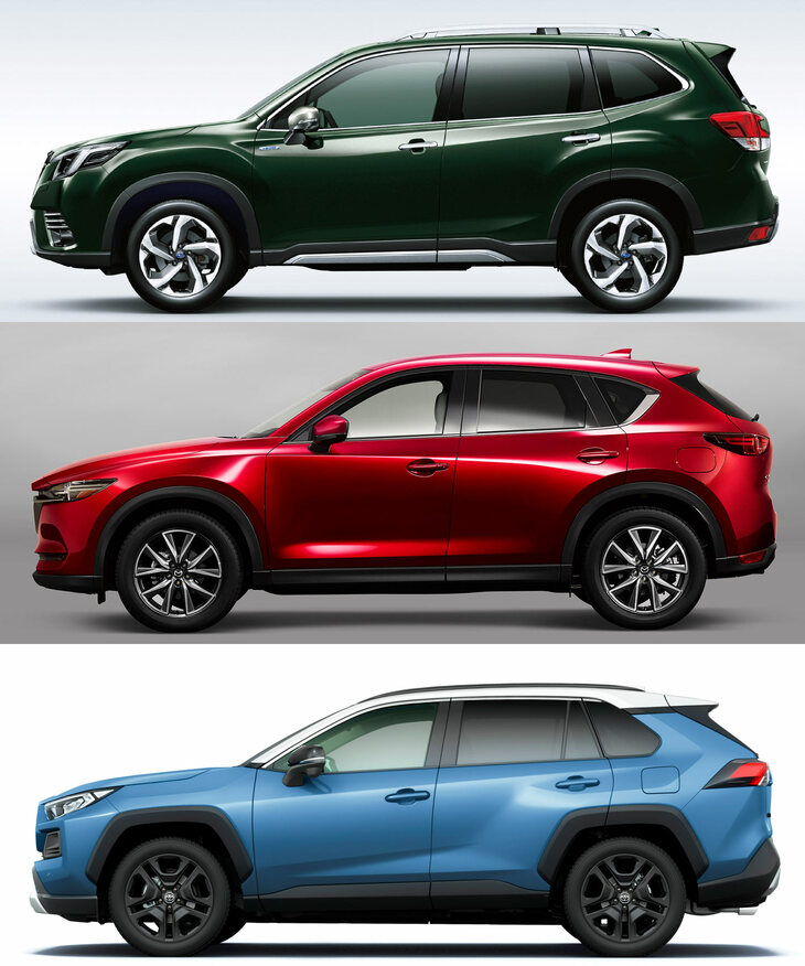 上から順に「スバル・フォレスター」「マツダCX-5」「トヨタRAV4」。ボディーに対するキャビンの大きさ、ガラスエリアの広さを見ると、明確にフォレスターのほうが、他の2車種より大きく、広い。またボンネットのボリュームも低く薄く抑えられているのがわかる。