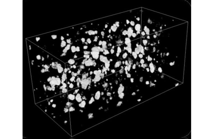 「表面再生ゴム」の中に詰まった「Mチップ」のX線画像。Mチップの材料は明かされていないが、自然界に存在し、医療品や化粧品などにも使用されている、人体や環境へ影響を及ばさない物質という。
