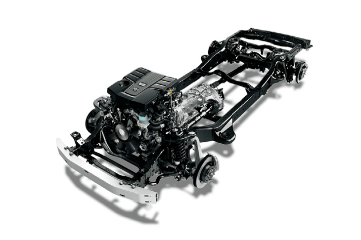 トヨタがフレーム構造車種向けに新開発した「TNGA-F」プラットフォーム。これから長く、幅広い車種で使用されるであろうTNGA-Fは、本格的な電動パワートレインの採用にも対応していると思われる。