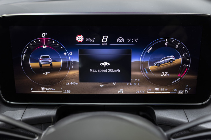 アクセル操作なしでオフロードを一定速走行できる「ヒルディセントコントロール」も装備。大きくて見やすいピッチ＆ロール計も表示できる。