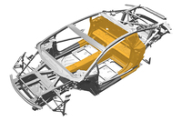 ボディーストラクチャーは、アルミと炭素繊維強化ポリマー（写真のオレンジの部分）のハイブリッド構造となる。
    