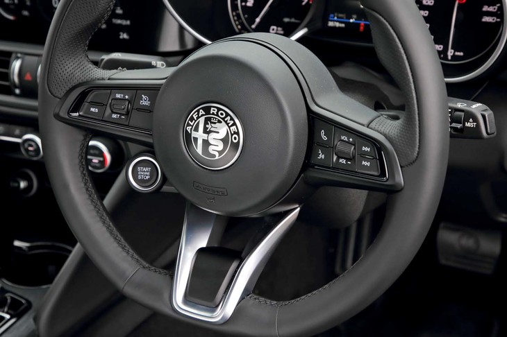 ステアリングホイールの左スポーク上にはクルーズコントロールのスイッチがレイアウトされる。超初期ロットだった試乗車にはシフトパドルが付いていなかったが、今後は標準装備になる予定だという。