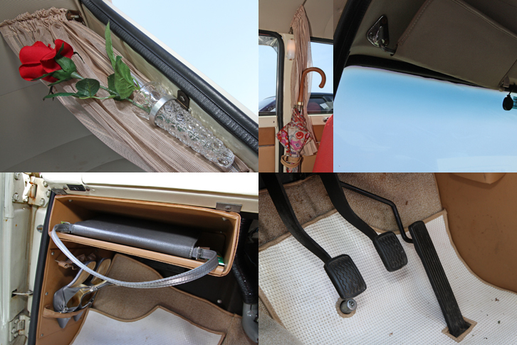 「ダットサン・ブルーバード1200ファンシーデラックス」の専用装備の一部。左上から時計回りに一輪挿し用の花瓶とカーテン、カーテンと傘立て、上部にぼかしの入ったフロントガラス、ハイヒールでも踏みやすいオルガン式アクセルペダル（通常はつり下げ式）、グローブボックス下にあるハンドバッグ入れと助手席足元にあるハイヒール掛け。ほかにもピクニックテーブルやコートハンガー、化粧品入れなどが備わっている。