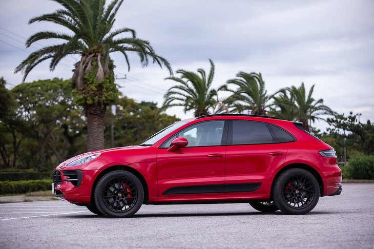 試乗車の外装色は「カーマインレッド」と呼ばれるオプションカラー。ボディーサイド下部のガーニッシュは外装色にかかわらずブラックで、フロントドア部分には「GTS」のロゴが入っている。