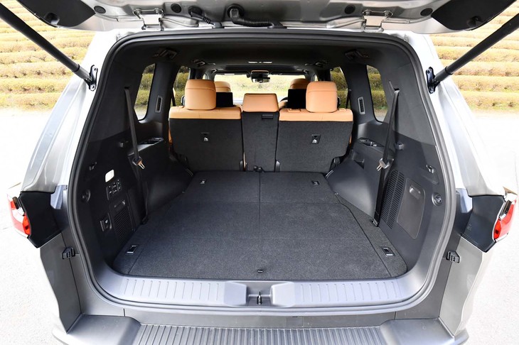 「LX600」（7人乗り仕様）の3列目シートを格納した荷室。この状態ではゴルフバッグが5つ収納できる。