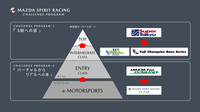 チャレンジプログラムを構成する4段階のピラミッド。スーパー耐久やパーティーレース、「マツダファン・エンデュランス」については、本文で説明のある通り。「富士チャンピオンレース」とは、マツダではなく富士スピードウェイが主催するレースシリーズで、アマチュアレースとして長い歴史を誇る。
