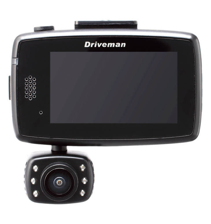 こちらは車内側から見たドライブマンTG-1。本体には2.7インチの液晶画面が備わり、その下に6個の赤外線LEDランプを配したリアカメラが後方を撮影する。TG-1を高い位置に取り付けられるクルマであれば車外も広い範囲で撮影が可能。また、駐車時の録画に対してもレンズの向きを変えることなく監視録画体制に入れるので便利だ。