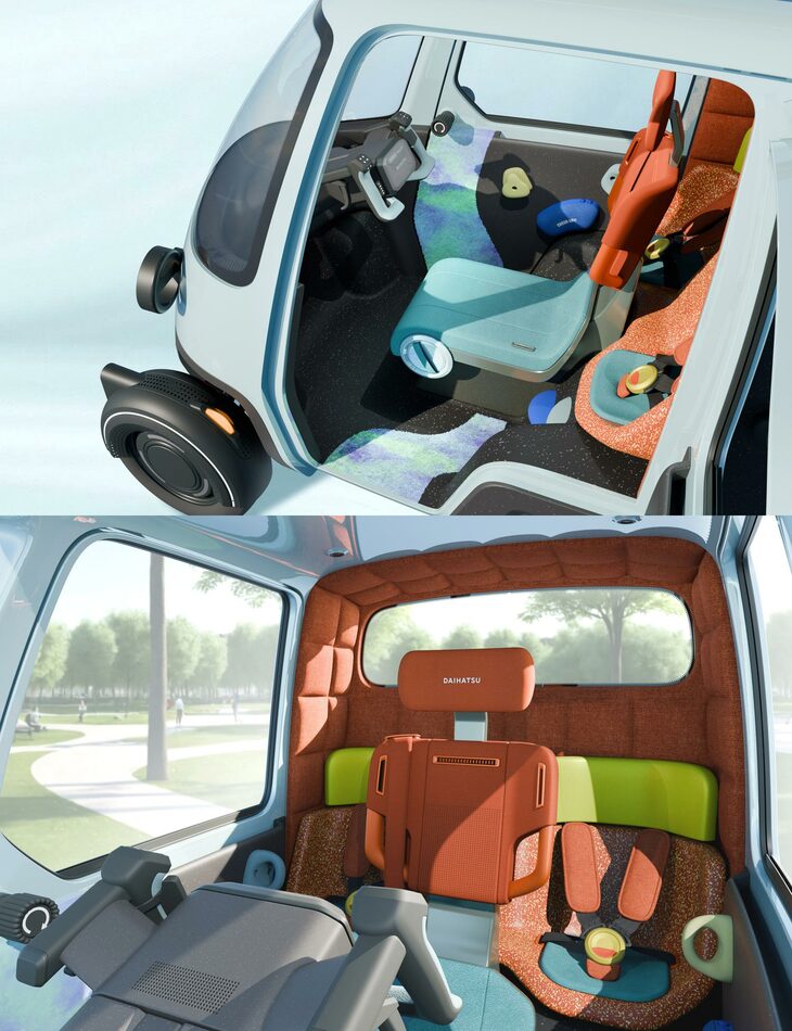 車内は“運転席＋補助席×2”の3人乗り。シートや各部のトリムの素材、色使いも目を引く。