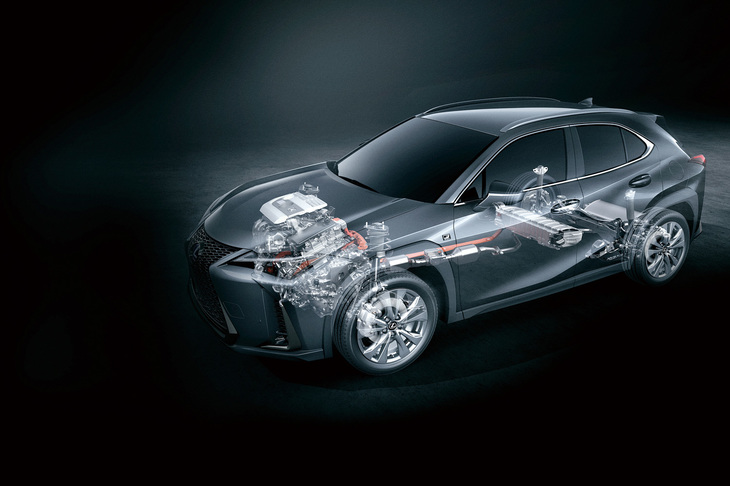 ハイブリッド車「レクサスUX250h」のパワープラントの透視図。
	永福：「……この図だと、バッテリーの搭載位置はよく分からないねえ」
	ほった：「レクサスに電話で聞いたら、一応、後席の下だそうですけど」