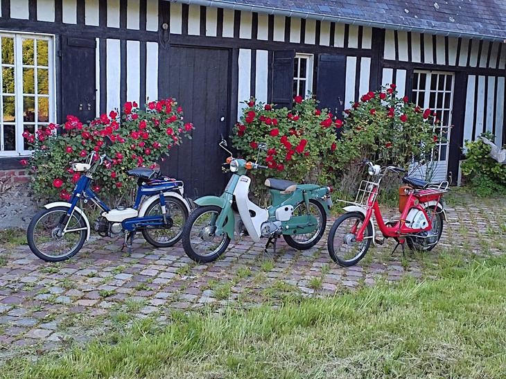 フランスの知人によるホンダ製二輪コレクション。左から「PF50アミーゴ」「スーパーカブC50」そして「P50」。しかし、「エクスプレス（ロードパルの輸出名）」はない。2022年夏撮影。