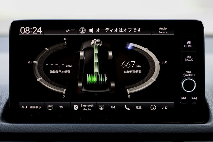 センターディスプレイのエネルギーフロー表示も「e：HEV」専用だ。