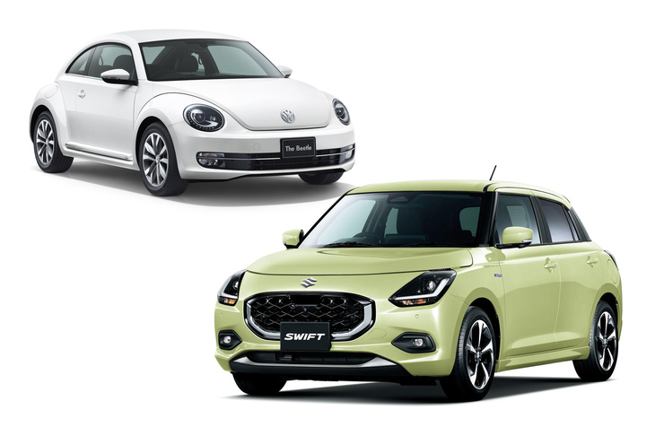ほった「フォルクスワーゲンの『ザ・ビートル』と『スイフト』を並べてみました」　
	清水「こうして見ると、確かに新しいスイフトにもネオレトロっぽい雰囲気があるね。……それより、この2車というか2社が並ぶと、いまだに不穏な空気を感じるよ」