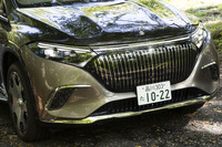 ボンネットの先端にはスリーポインテッドスターのマスコットが備わる。縦桟が細かく並んだ部分はつるりとしたパネルである。