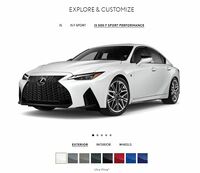 「IS500“Fスポーツ パフォーマンス”」の外装は、大排気量エンジンを覆うボンネット以外にも、フロントフェンダーやバンパーガーニッシュ、アルミホイールなどが、標準的な「レクサスIS」と異なっている。写真は、海外のオフィシャルサイトにおけるコンフィギュレーター。ボディーカラーの選択肢は8色と豊富だ。
