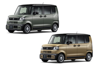 「N-BOX」シリーズ初採用の外装色。左上が「ボタニカルグリーン・パール＆ブラック」、右下が「デザートベージュ・パール＆ブラック」。