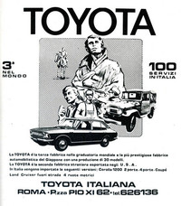 1972年イタリアのトヨタ輸入業者による広告。世界3位のメーカーで、米国では輸入車第2位という“自己紹介”が。