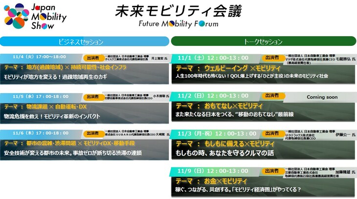 「未来モビリティ会議」のスケジュール。さまざまなテーマのトークセッションが予定されている。
