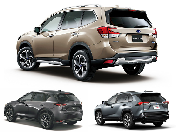 現行型「フォレスター」と競合他車のお尻の比較。リアガラスの傾斜の具合やテールゲート／リアバンパーの立体感、リアバンパーコーナーの削り具合や丸め込み具合に注目。