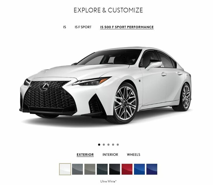 「IS500“Fスポーツ パフォーマンス”」の外装は、大排気量エンジンを覆うボンネット以外にも、フロントフェンダーやバンパーガーニッシュ、アルミホイールなどが、標準的な「レクサスIS」と異なっている。写真は、海外のオフィシャルサイトにおけるコンフィギュレーター。ボディーカラーの選択肢は8色と豊富だ。
