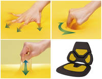 エクスジェルの3つの効果。
	（左上）衝撃を吸収するお餅のような弾力性。（左下）圧力を分散する柔軟性。（右上）腰のズレに寄り添う流動性。（右下）エクスジェルがどこに搭載されているかの解説図。