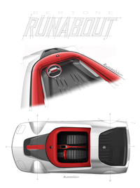 細部を描き加えたトップビュー。オリジナルのダッシュボードに備えられたコンパスも継承されている。（提供：Bertone）