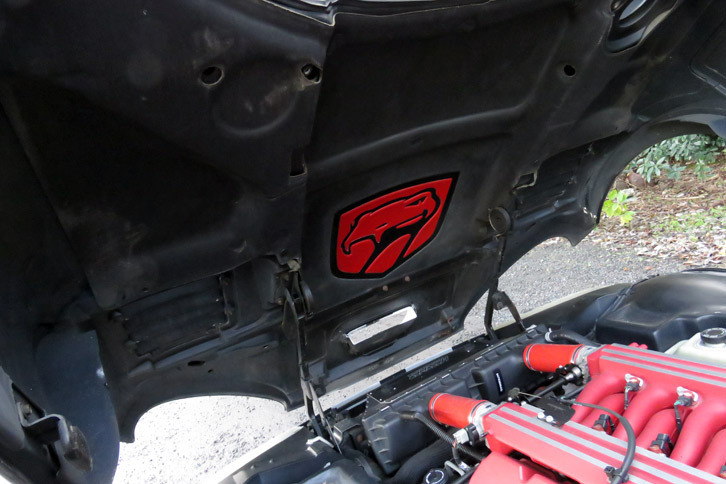 ボンネットの裏に潜む毒ヘビ。純正でこうなっているのか、何代目かのオーナーが施したカスタムなのかは不明。寒い朝にエンジンを始動すると、霜と結露でこの模様がボンネットの表側に浮き上がる。