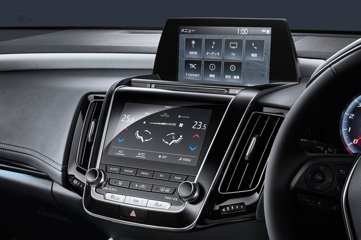 「トヨタ・クラウン」もセンターに2つのスクリーンを搭載するが、タッチ操作に対応するのは下段のもののみで、上段は表示専用となる。