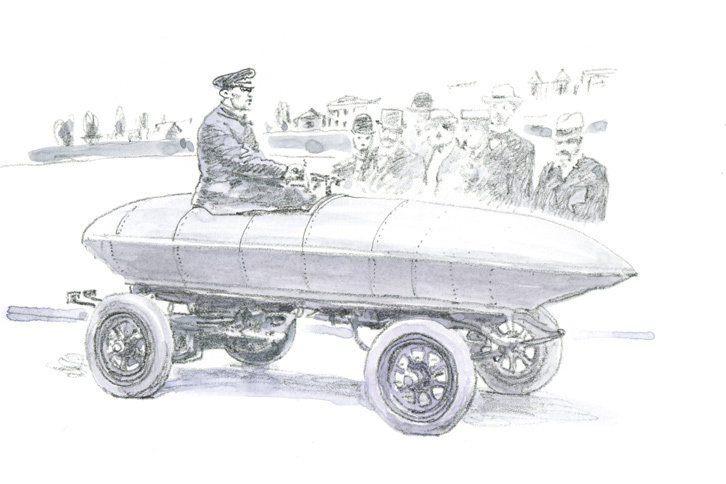 世界で初めて100km/hを超えた自動車となった「ジャメ・コンタント号」。空力を考慮した砲弾型のボディーが特徴だったが、足まわりや乗員、運転席まわりの空気抵抗までは考えていなかったようだ。